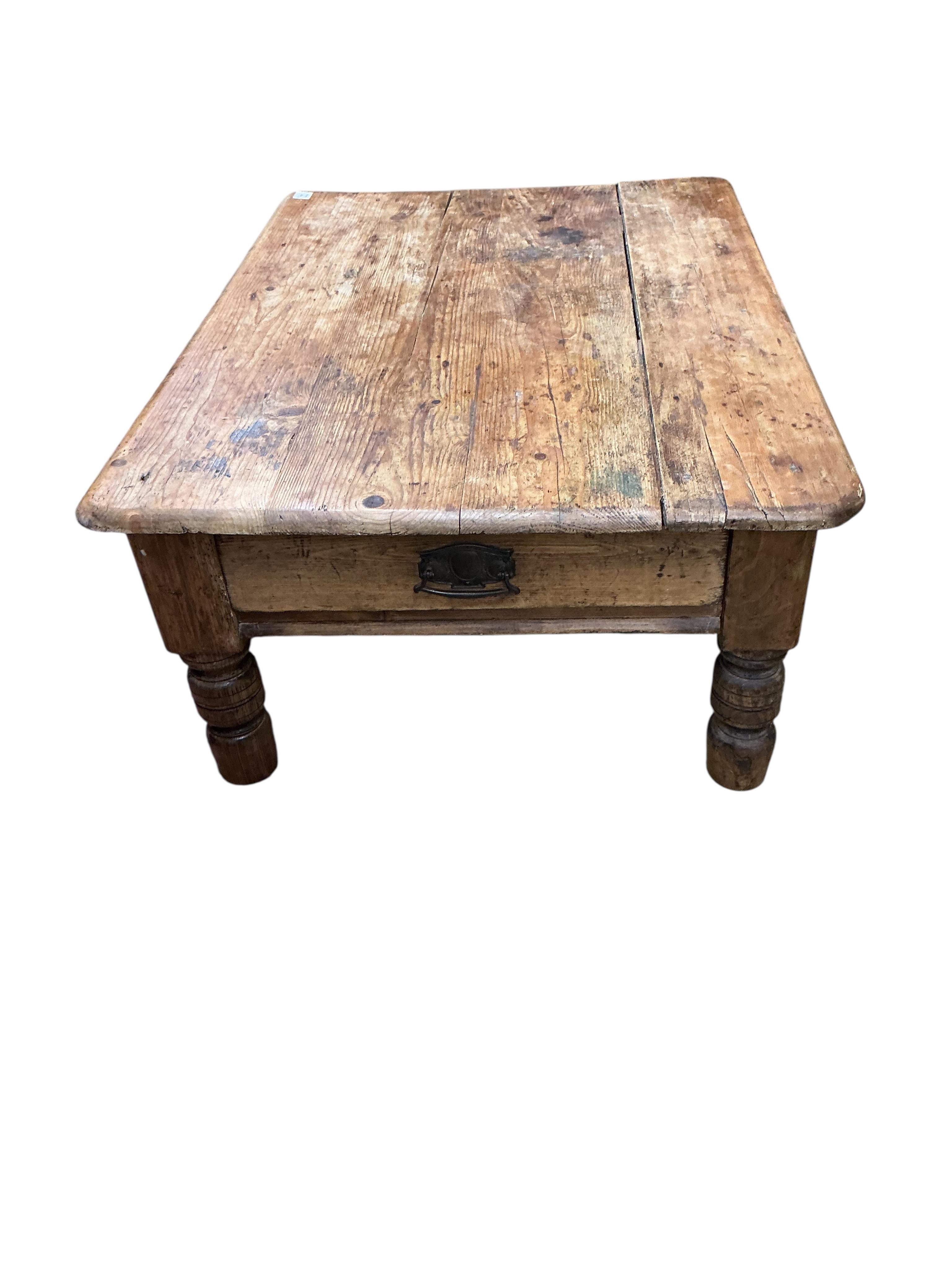 A Victorian rectangular pine coffee table, adapted from a kitchen table, width 120cm, depth 85cm, height 47cm